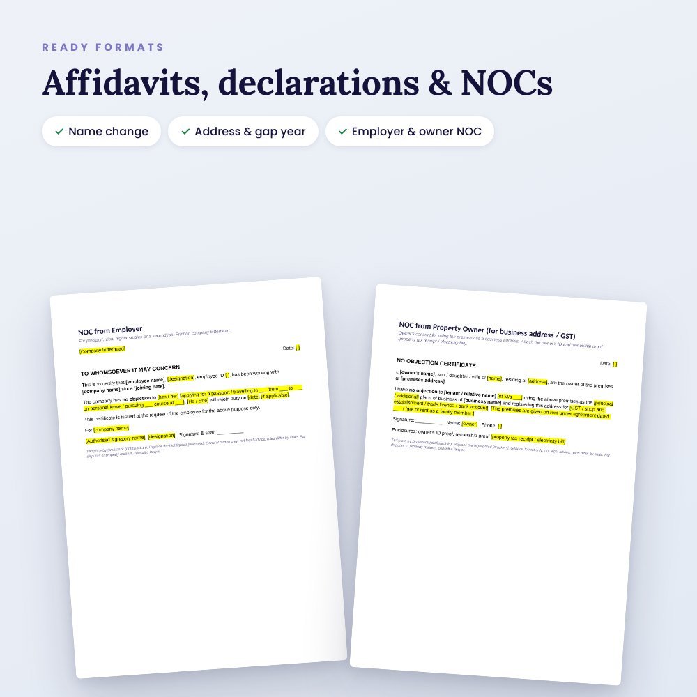 Affidavit & NOC Formats Pack: Name Change, Address, Gap Year, Lost Document & More – preview 2