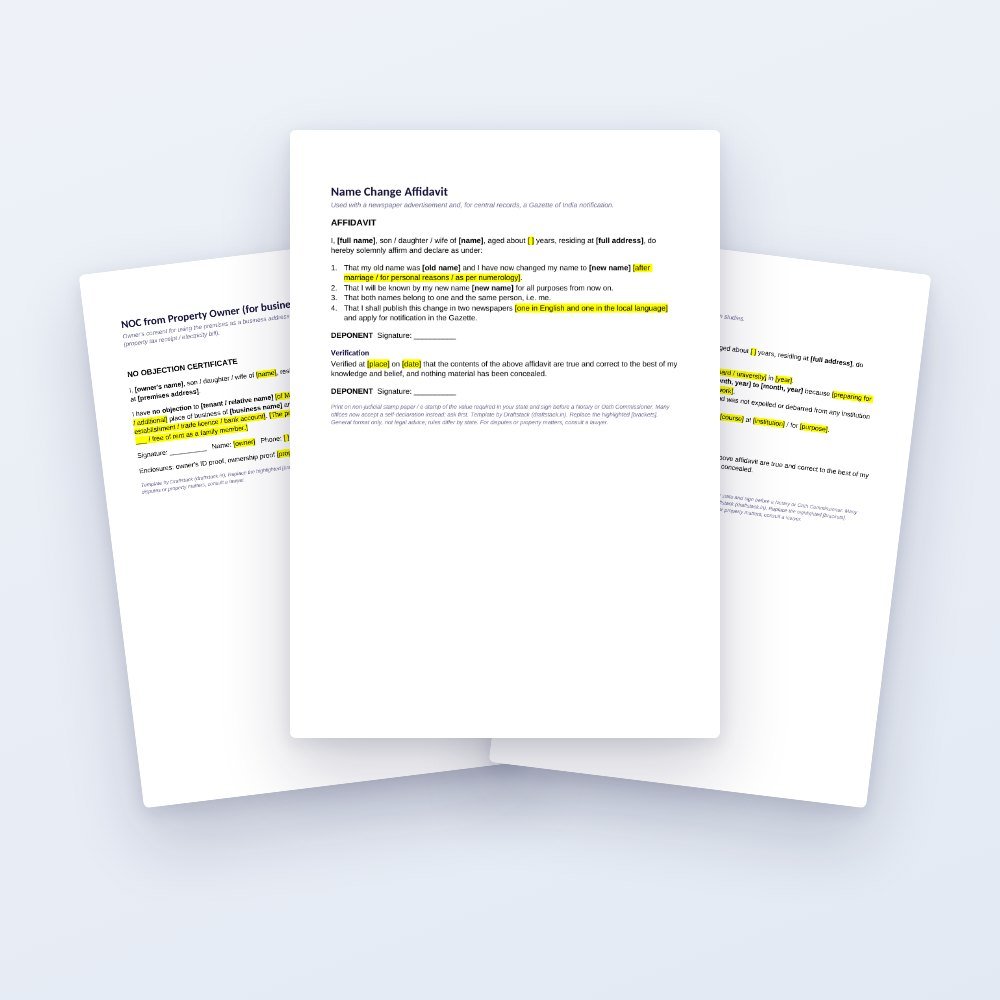 Affidavit & NOC Formats Pack: Name Change, Address, Gap Year, Lost Document & More – template preview
