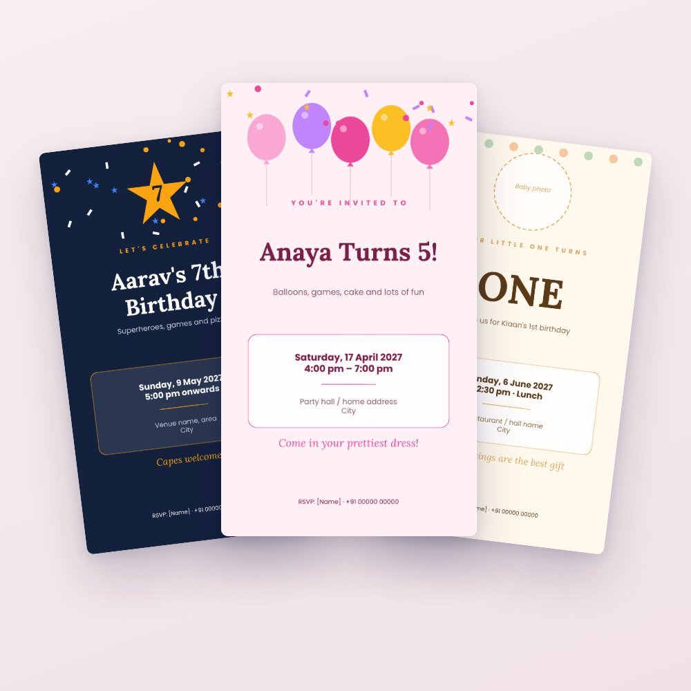 Birthday Party Kit: 6 E-Invites + Printable Decorations & Games – Canva template preview
