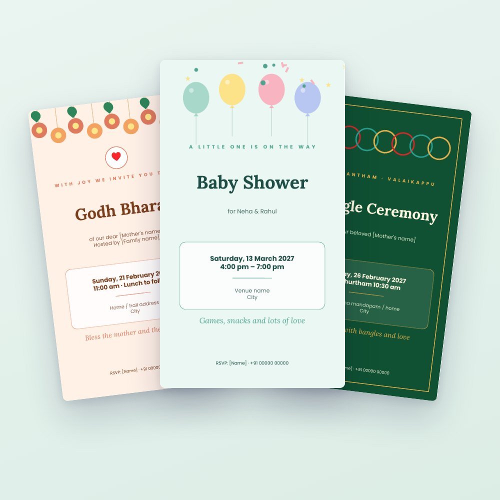 Baby Shower & Godh Bharai Kit: 4 E-Invites + Games & Printables – Canva template preview