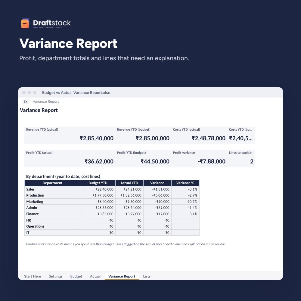 Budget vs Actual Variance Report by Department (Excel) – preview 2