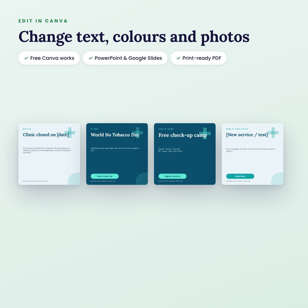 Clinic & Doctor Social Media Pack (Canva): 13 Posts for Timings, Notices & Health Days – preview 3