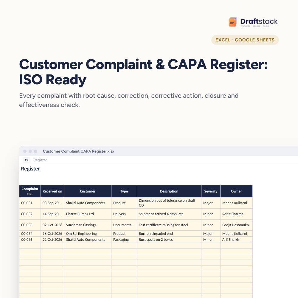 Customer Complaint & CAPA Register: ISO Ready (Excel) – Excel template preview