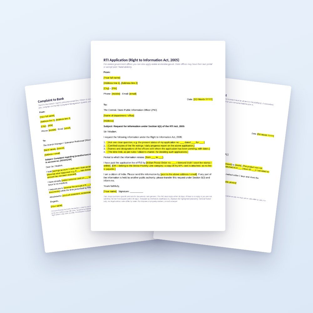Complaint & RTI Letters Pack: Bank, Insurance, Electricity, Telecom, Online Shopping & RTI – template preview