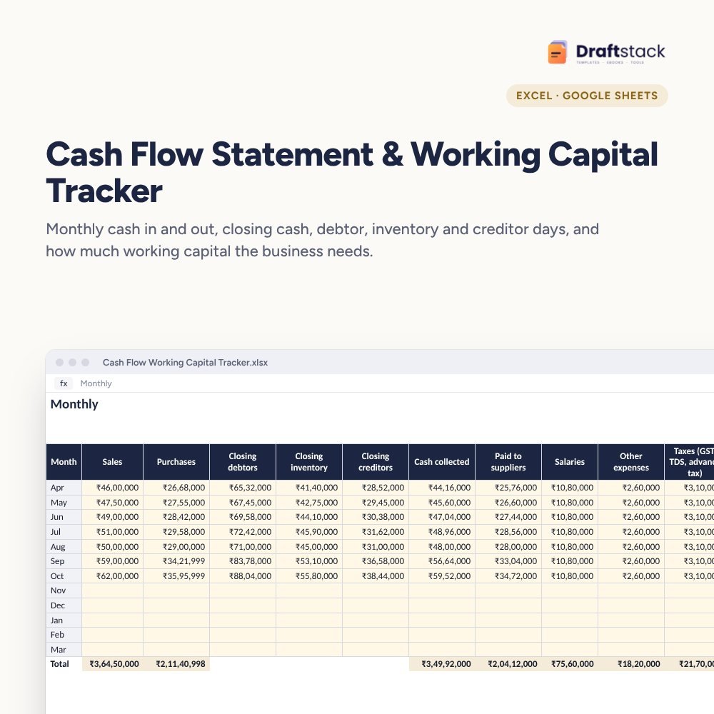 Cash Flow Statement & Working Capital Tracker (Excel) – Excel template preview