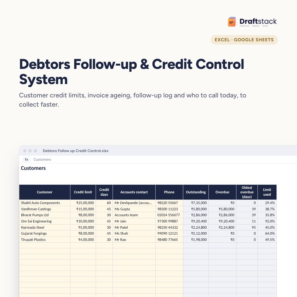 Debtors Follow-up & Credit Control System (Excel) – Excel template preview