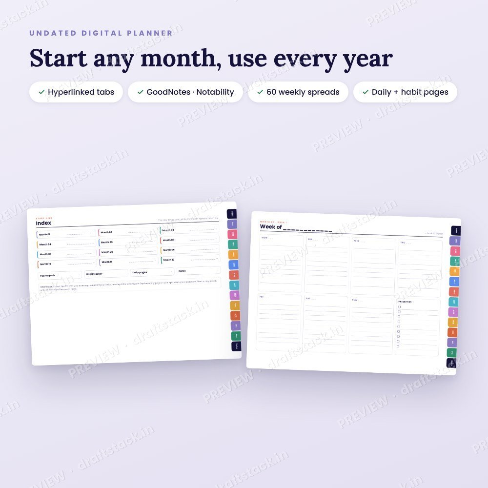 Undated Digital Planner for GoodNotes & Notability (Hyperlinked) – preview 2