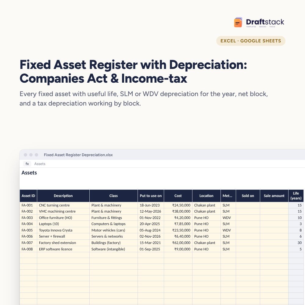 Fixed Asset Register with Depreciation: Companies Act & Income-tax (Excel) – Excel template preview