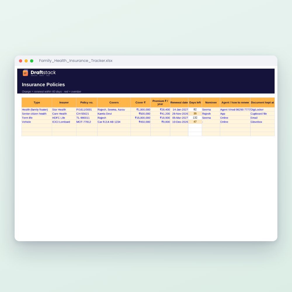 Family Health & Insurance Tracker (Excel): Policies, Renewals, Claims & Medicines – Excel template preview