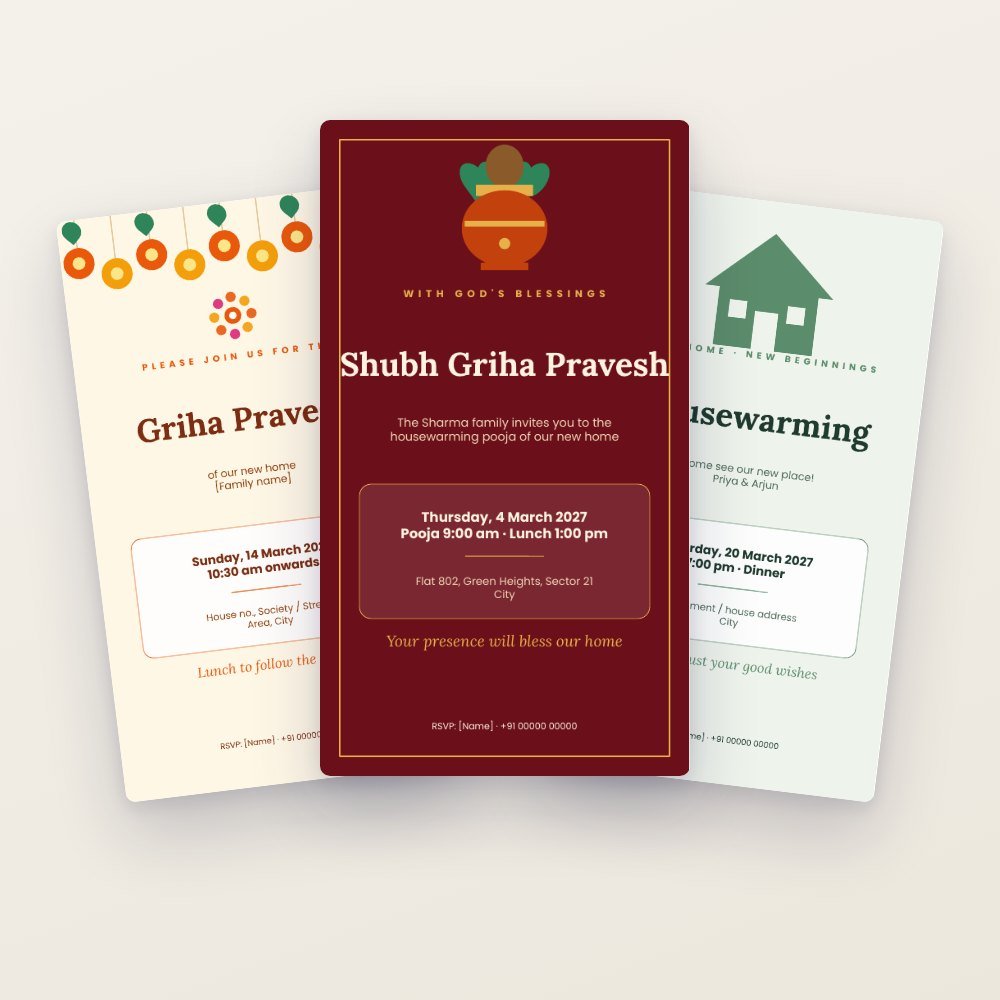 Griha Pravesh Kit: 4 E-Invites + Door Sign, Pooja Checklist & More – Canva template preview