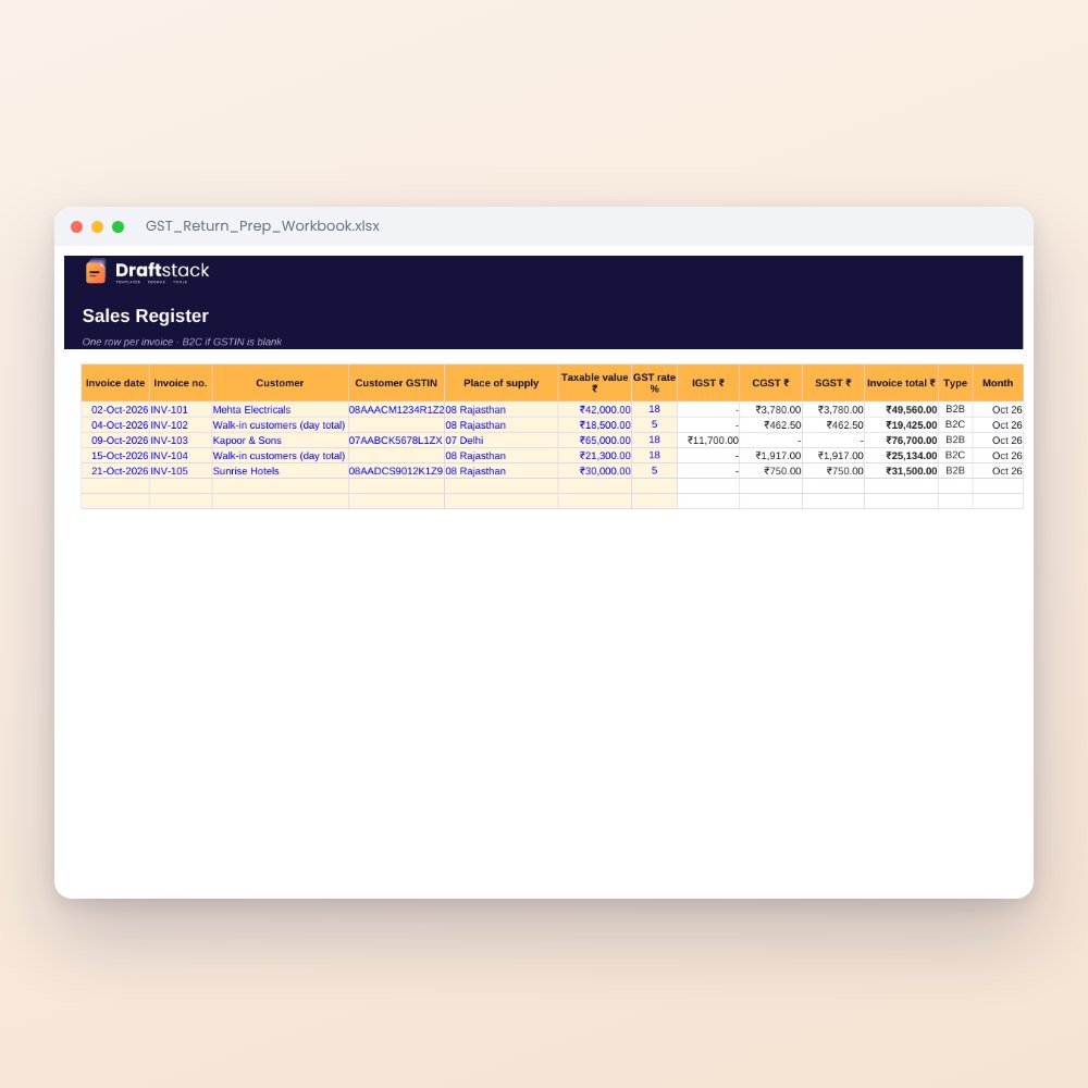 GST Return Prep Workbook (Excel): Sales & Purchase Registers, GSTR-1 and GSTR-3B Summary – Excel template preview