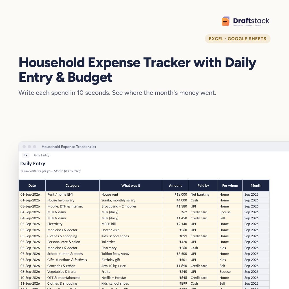 Household Expense Tracker with Daily Entry & Budget (Excel) – Excel template preview