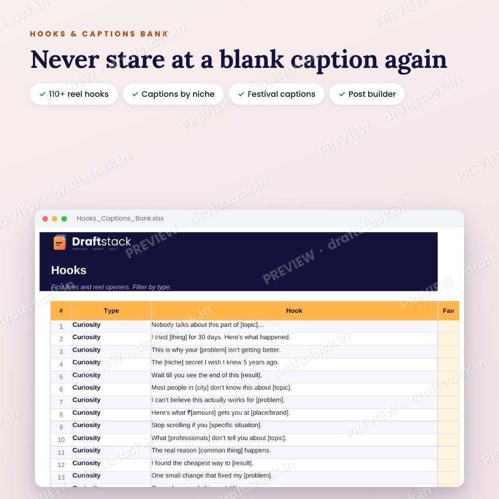 Hooks & Captions Bank for Instagram and Reels (Excel + PDF) – preview 2