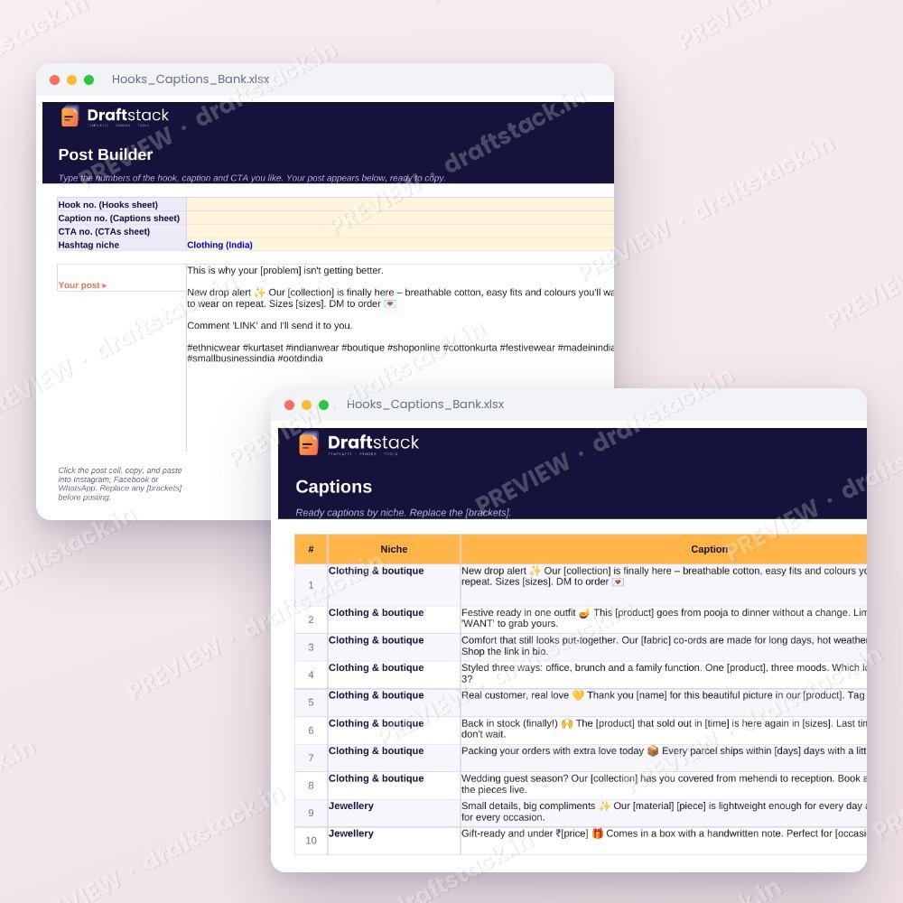 Hooks & Captions Bank for Instagram and Reels (Excel + PDF) – preview 3