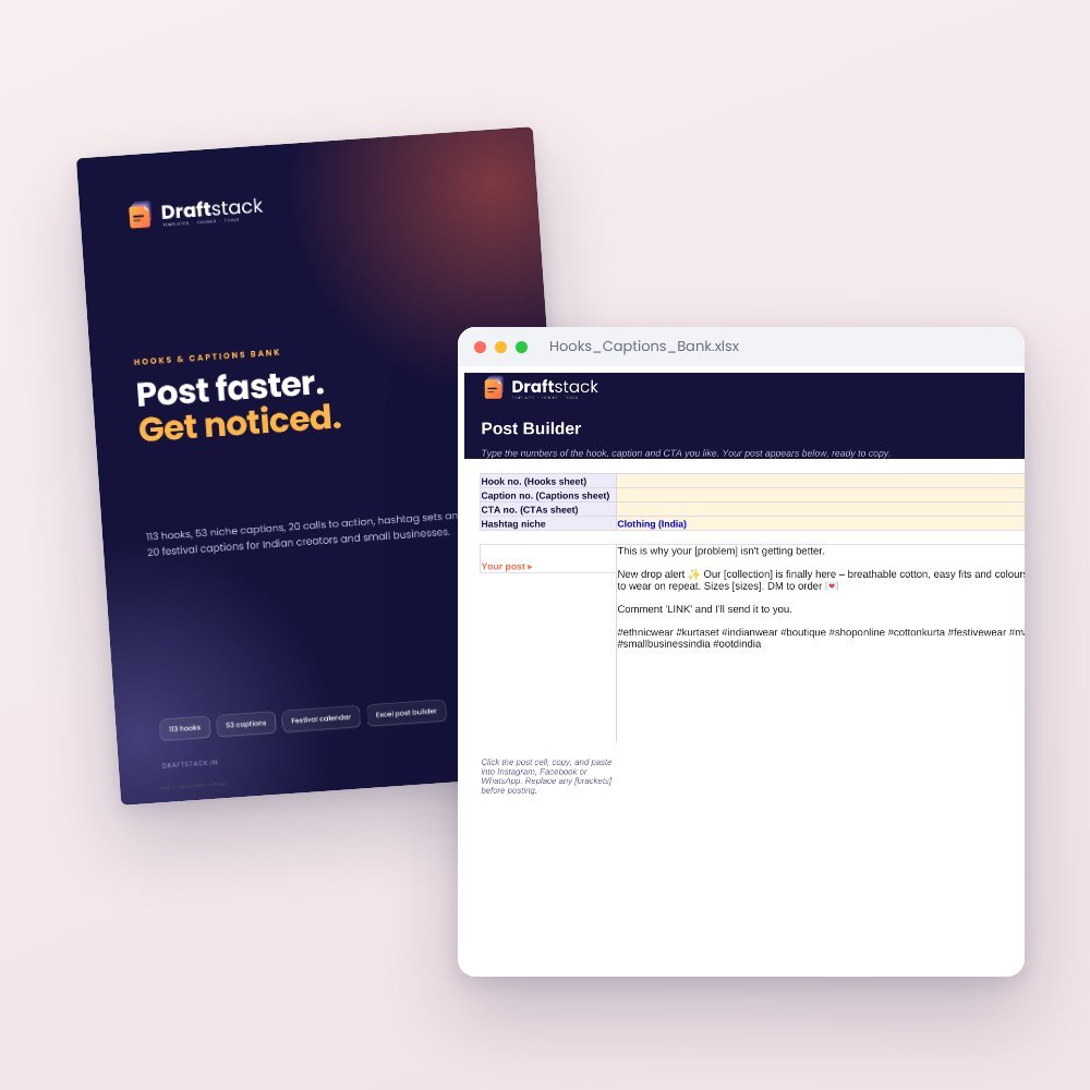 Hooks & Captions Bank for Instagram and Reels (Excel + PDF) – Excel template preview