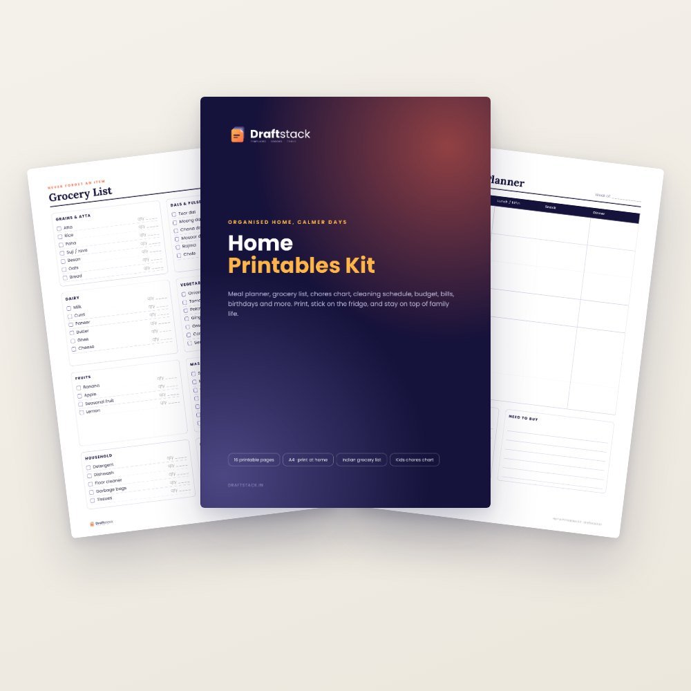 Home Printables Kit: Meal Planner, Grocery List, Chores Chart & More – printable PDF preview