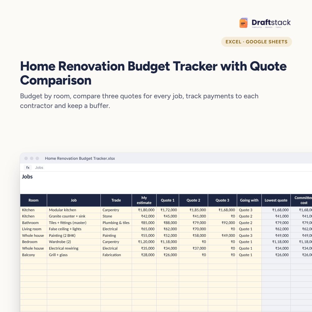Home Renovation Budget Tracker with Quote Comparison (Excel) – Excel template preview