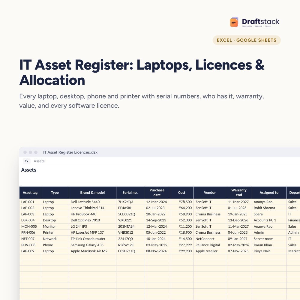 IT Asset Register: Laptops, Licences & Allocation (Excel) – Excel template preview