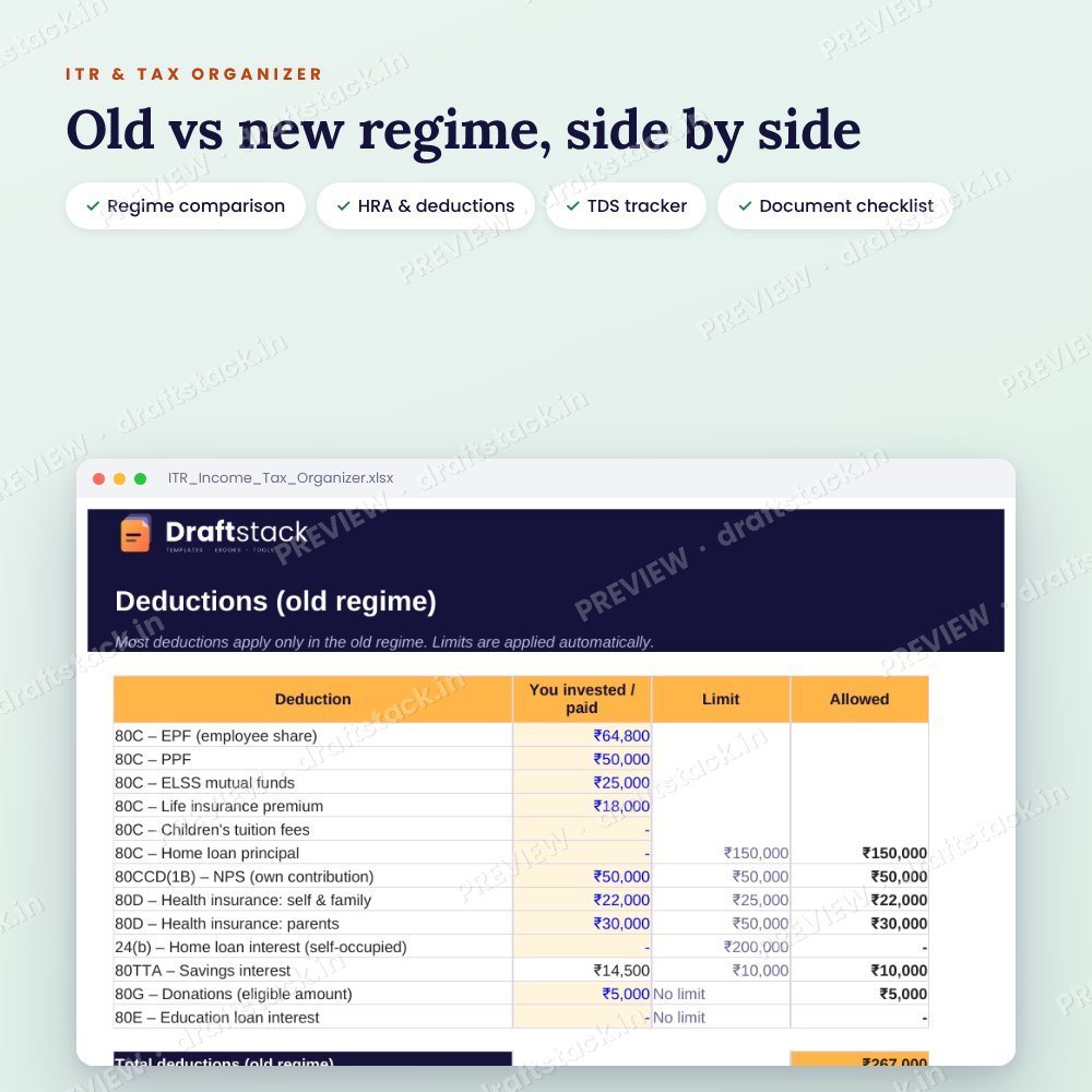 ITR & Income Tax Organizer · Old vs New Regime (Excel) – preview 2