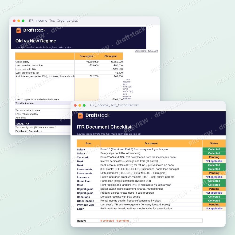 ITR & Income Tax Organizer · Old vs New Regime (Excel) – preview 3