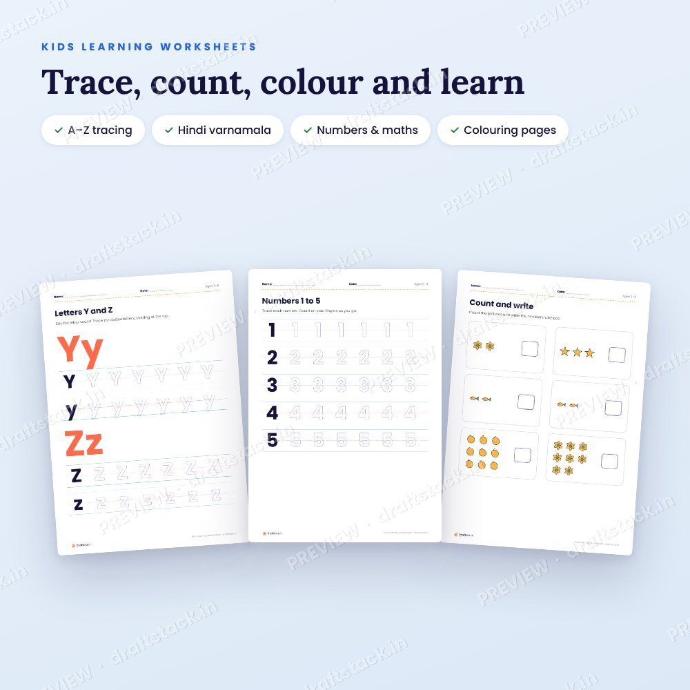 Kids Learning Worksheets: English, Hindi, Numbers & Colouring (48 Pages) – preview 2