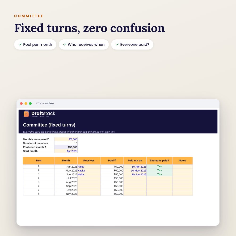 Kitty Party & Committee Tracker (Excel): Payments, Turns, Hosts & Pot – preview 2
