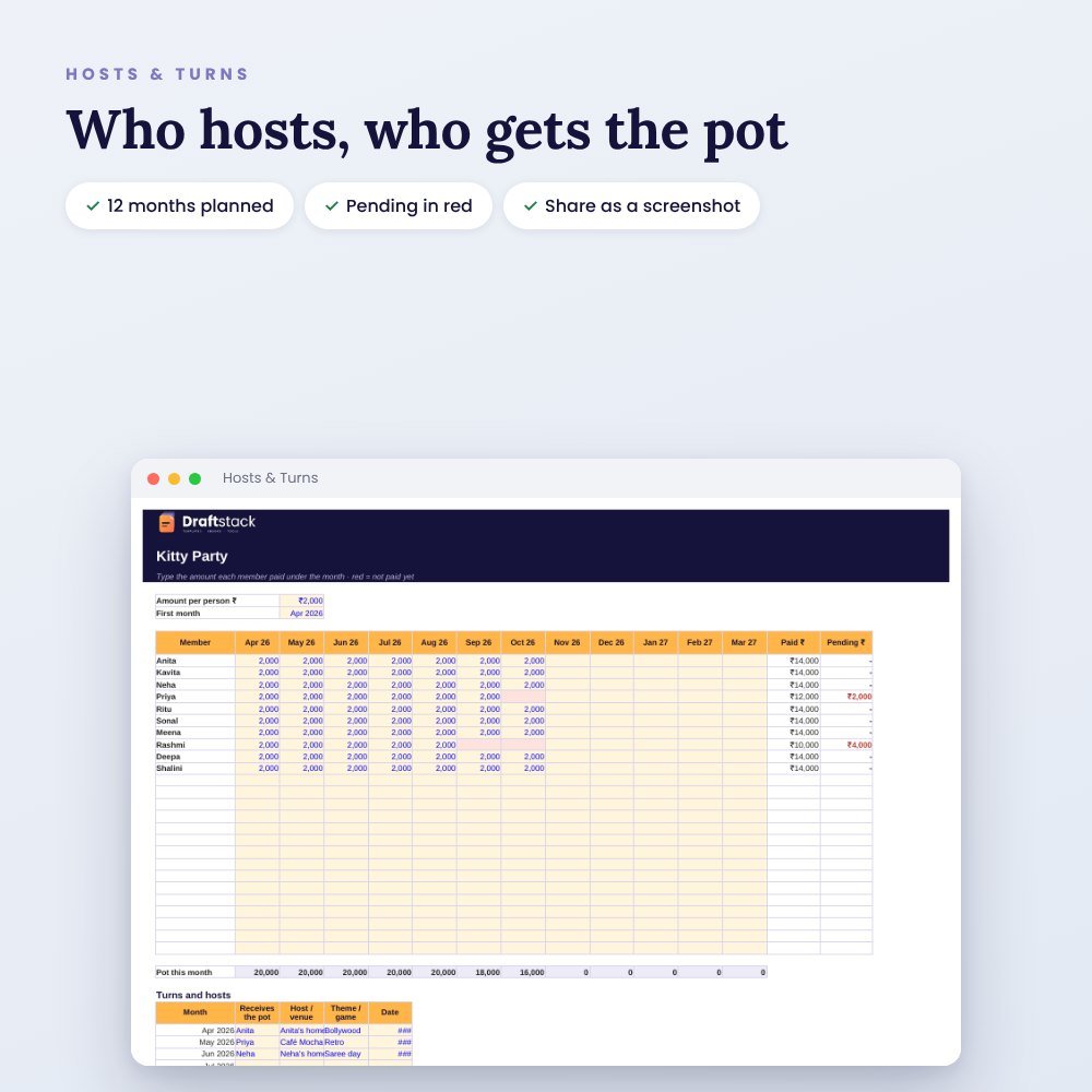 Kitty Party & Committee Tracker (Excel): Payments, Turns, Hosts & Pot – preview 3