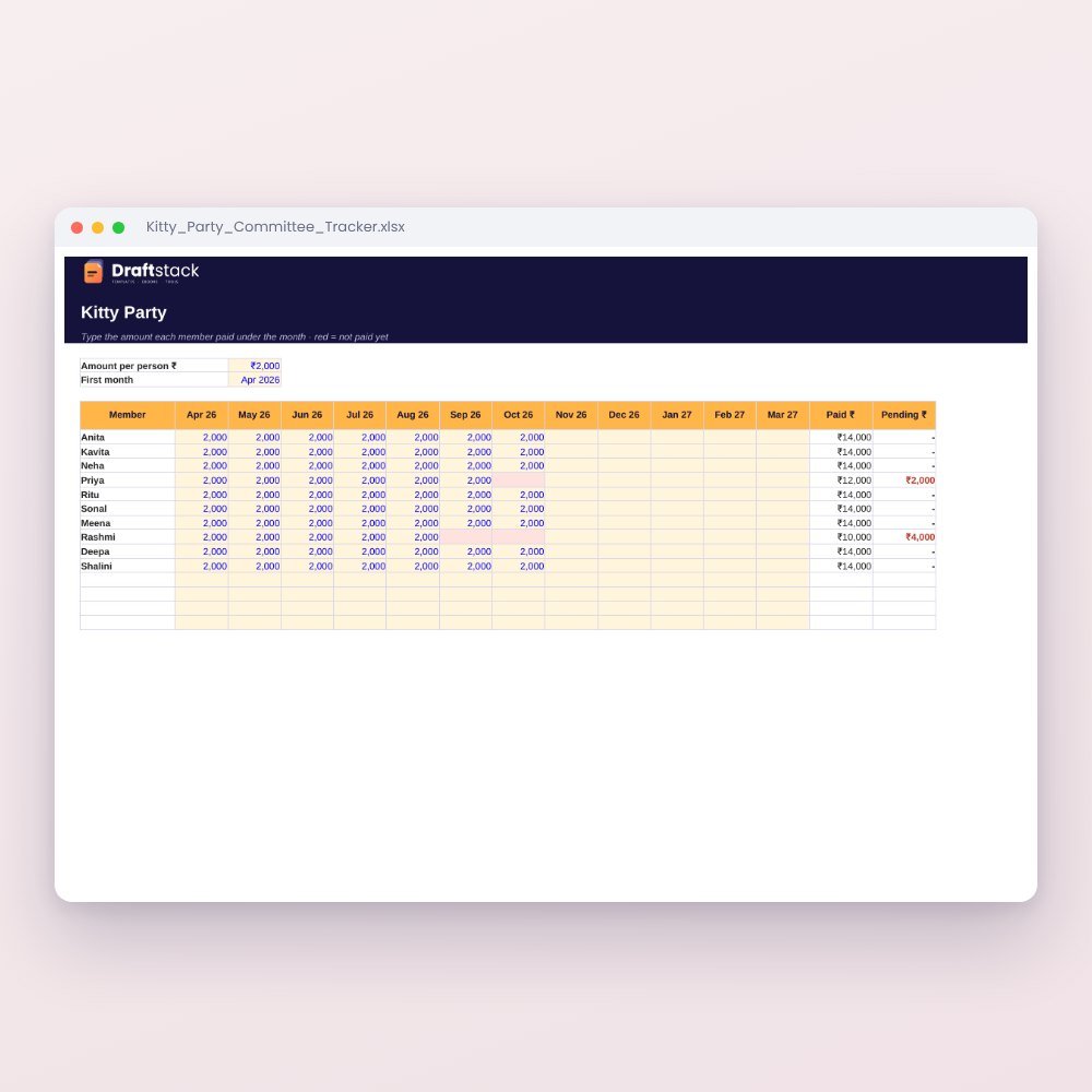 Kitty Party & Committee Tracker (Excel): Payments, Turns, Hosts & Pot – Excel template preview