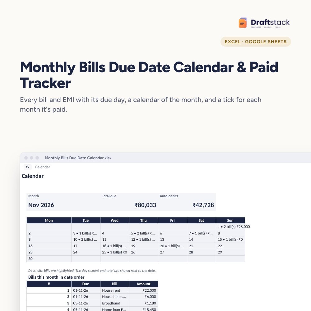 Monthly Bills Due Date Calendar & Paid Tracker (Excel) – Excel template preview