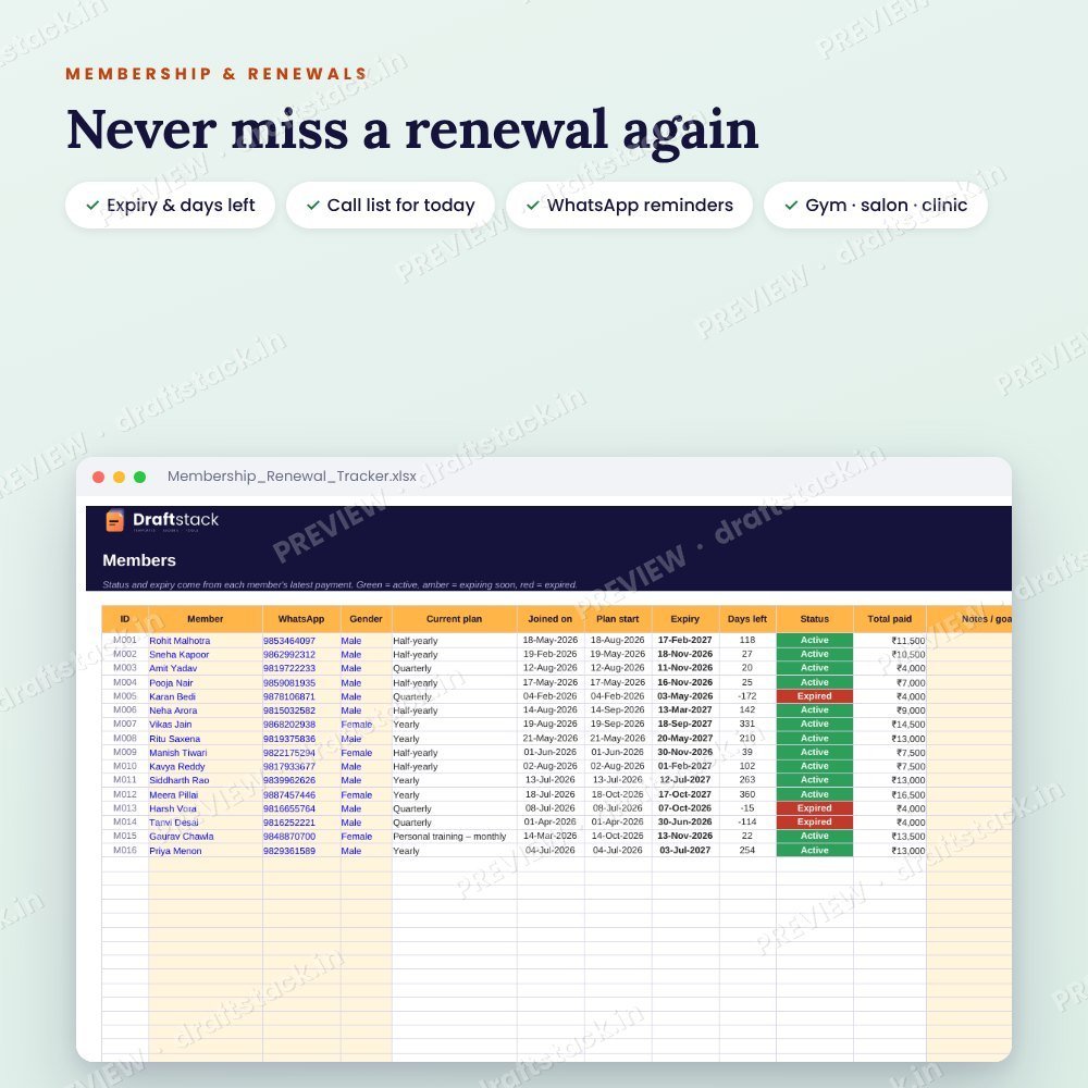 Gym, Salon & Clinic Membership Renewal Tracker (Excel) – preview 2