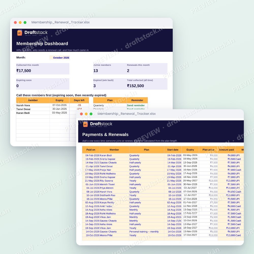 Gym, Salon & Clinic Membership Renewal Tracker (Excel) – preview 3