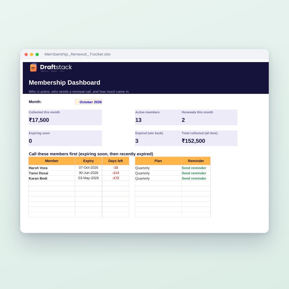 Gym, Salon & Clinic Membership Renewal Tracker (Excel) – digital download preview