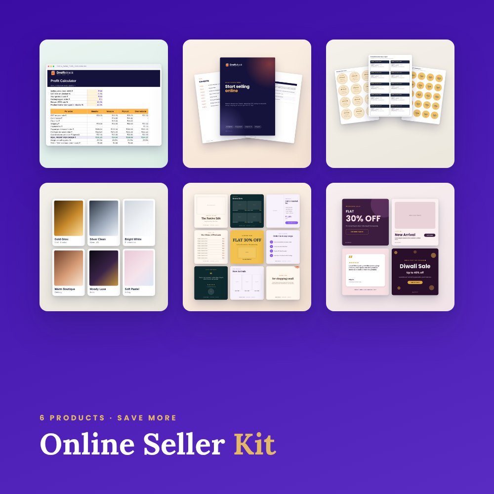 Online Seller Kit: Profit Calculator, Seller Guide, Labels, Presets, Catalog & Posts – bundle preview