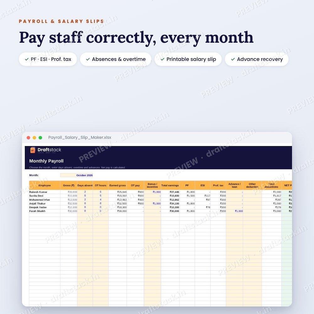 Payroll & Salary Slip Maker (Excel) with PF, ESI & PT – preview 2
