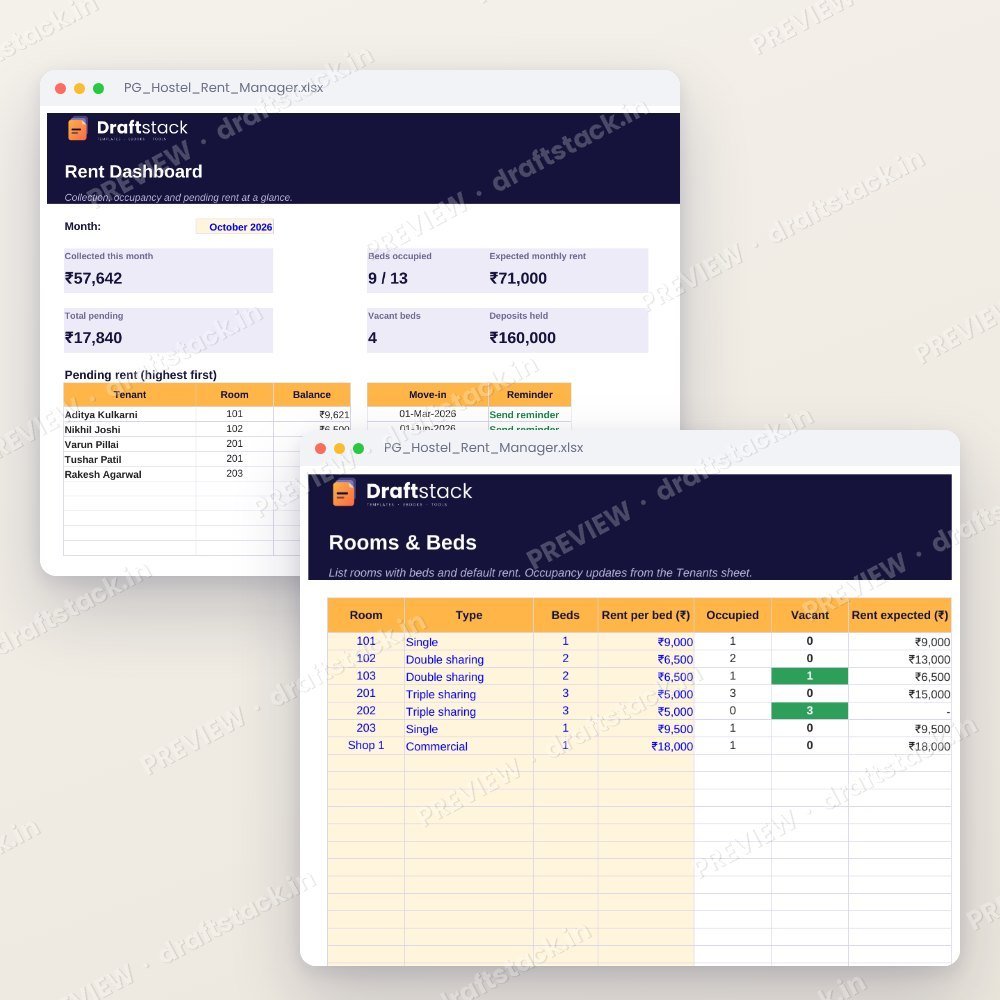 PG, Hostel & Rental Property Manager (Excel) – preview 3