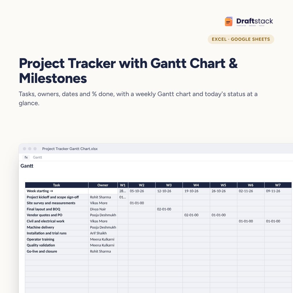 Project Tracker with Gantt Chart & Milestones (Excel) – Excel template preview