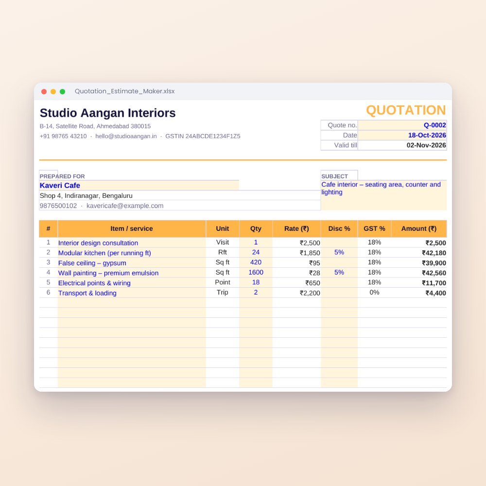 Quotation & Estimate Maker (Excel + 3 Word Templates) – Excel template preview