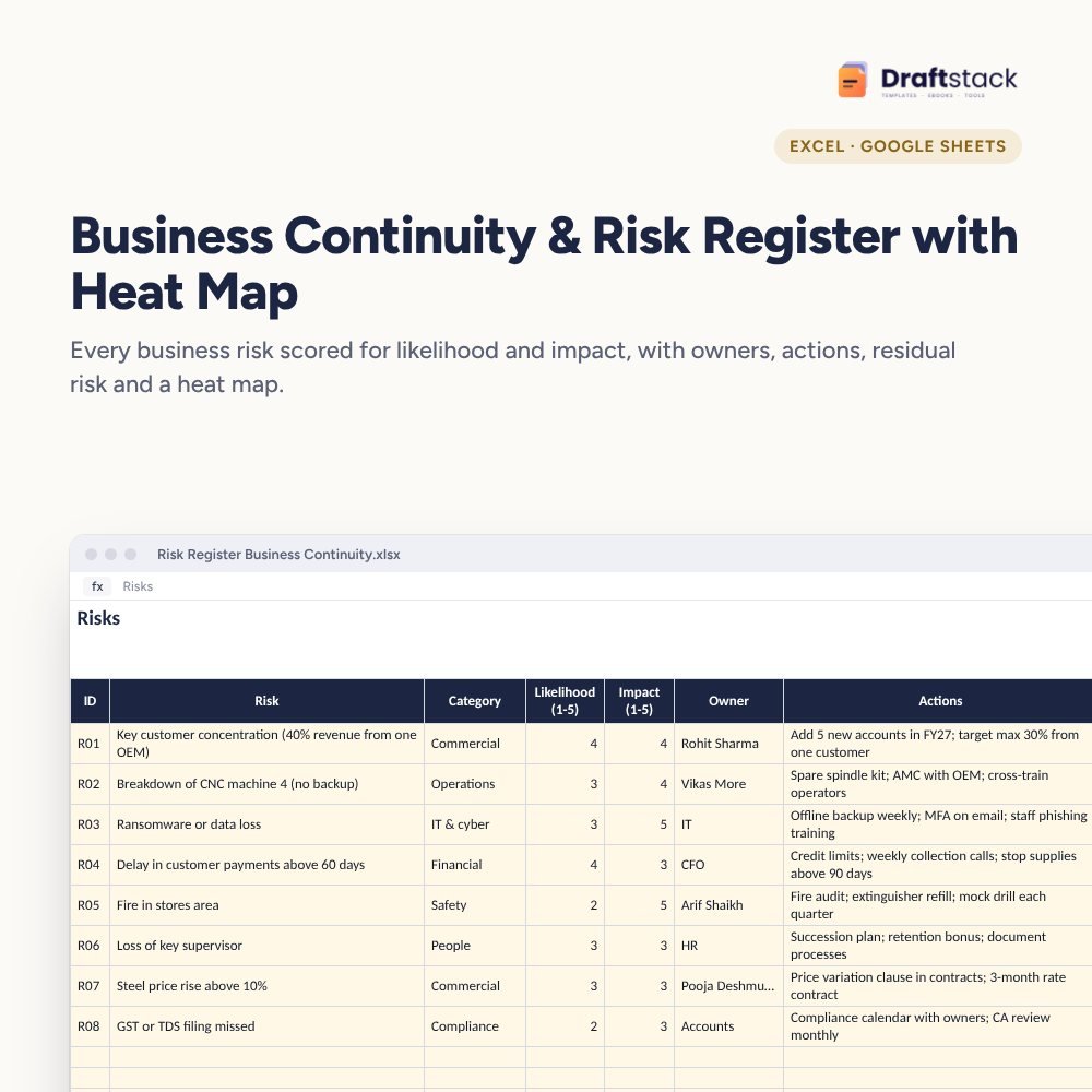 Business Continuity & Risk Register with Heat Map (Excel) – Excel template preview