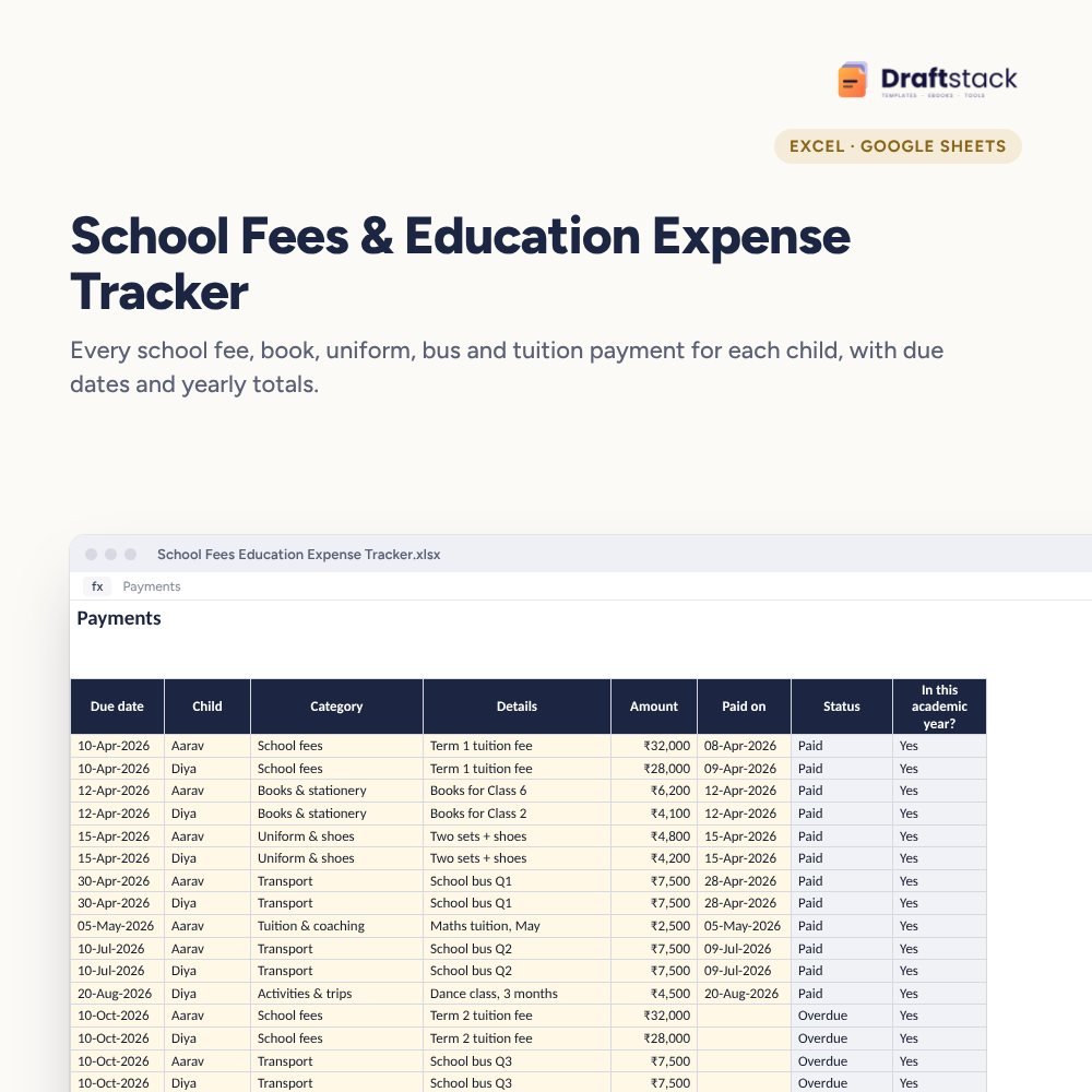 School Fees & Education Expense Tracker (Excel) – Excel template preview