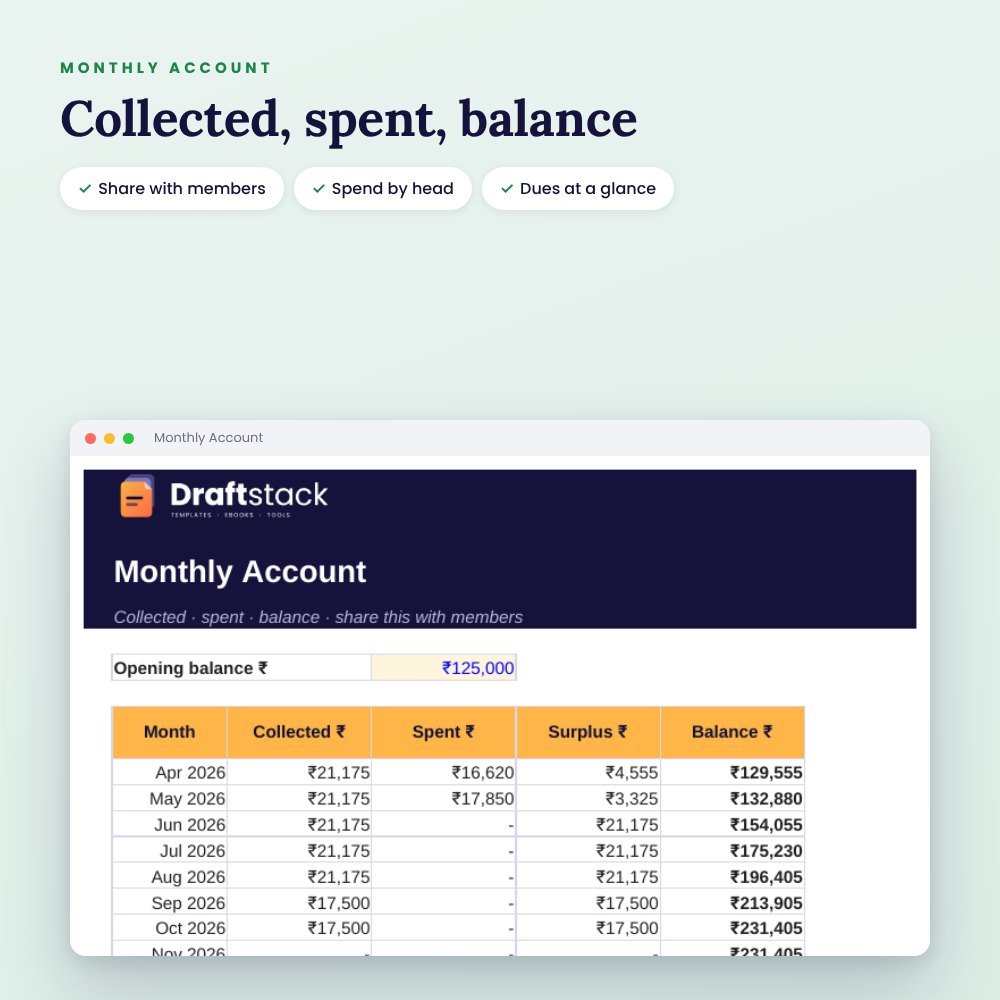 Society Maintenance Register (Excel): Collection, Dues, Expenses & Receipts – preview 2