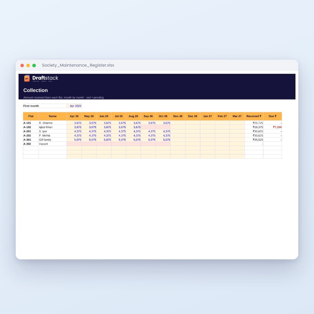Society Maintenance Register (Excel): Collection, Dues, Expenses & Receipts – Excel template preview