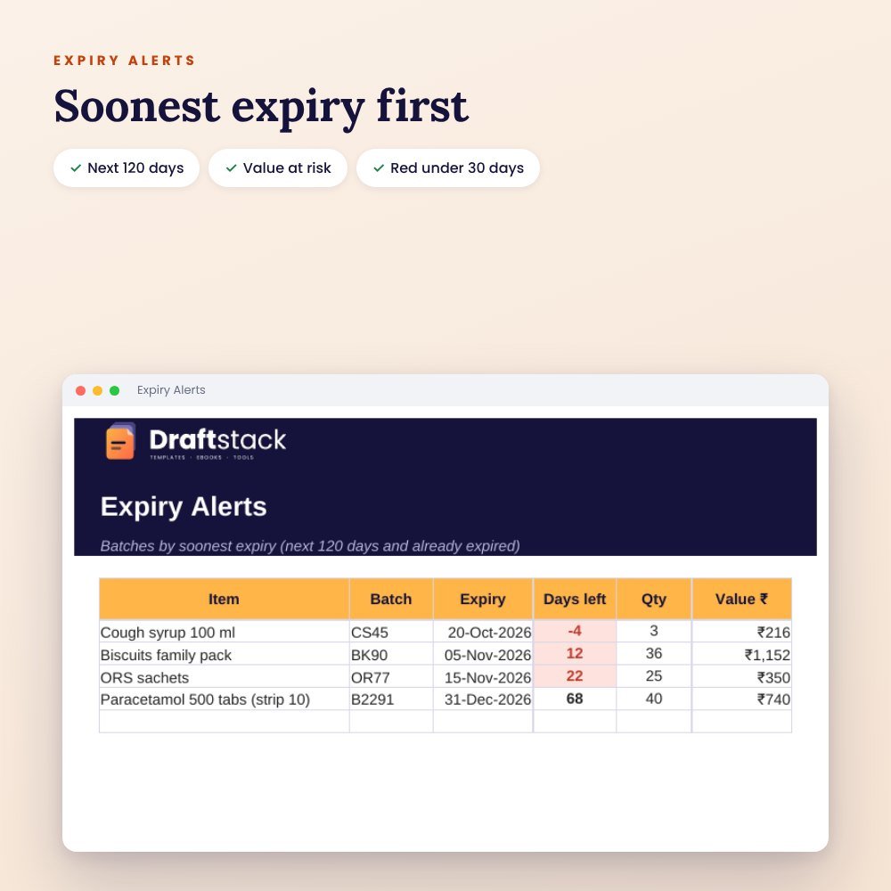 Shop Stock & Expiry Register (Excel): Medical, Grocery & FMCG Shops – preview 2