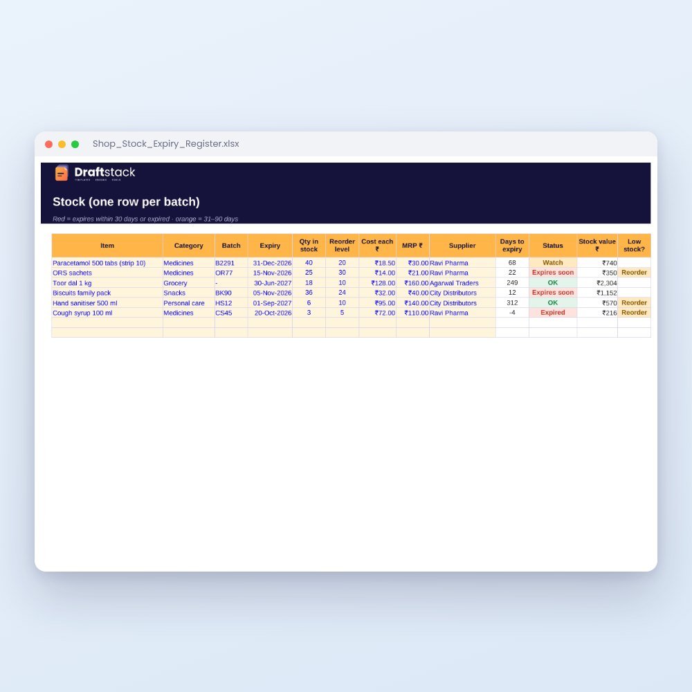 Shop Stock & Expiry Register (Excel): Medical, Grocery & FMCG Shops – Excel template preview