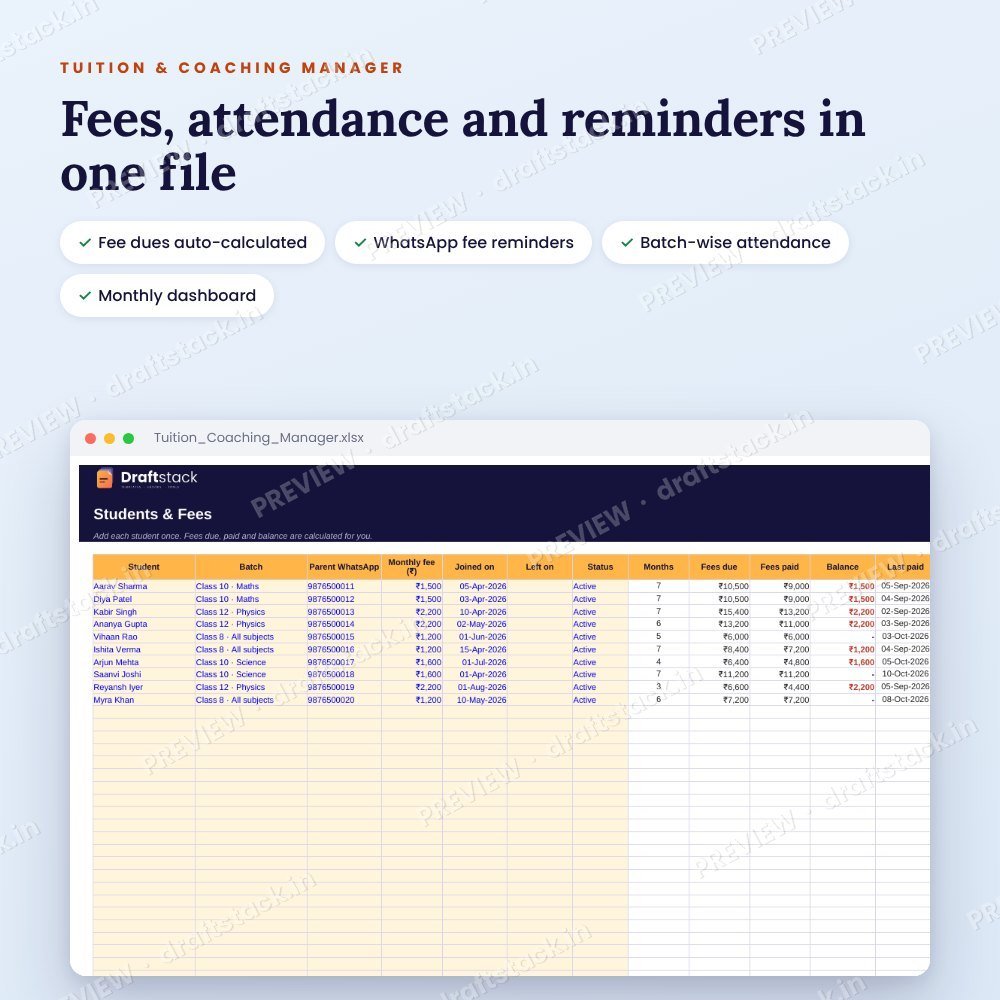 Tuition & Coaching Fee Manager (Excel) – preview 2