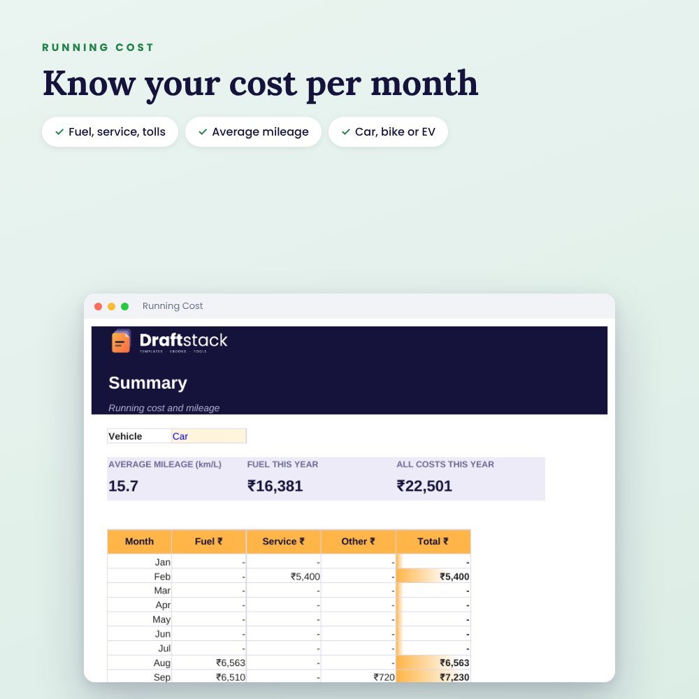 Vehicle Service, Insurance & Fuel Log (Excel): Mileage, Reminders & Running Cost – preview 3