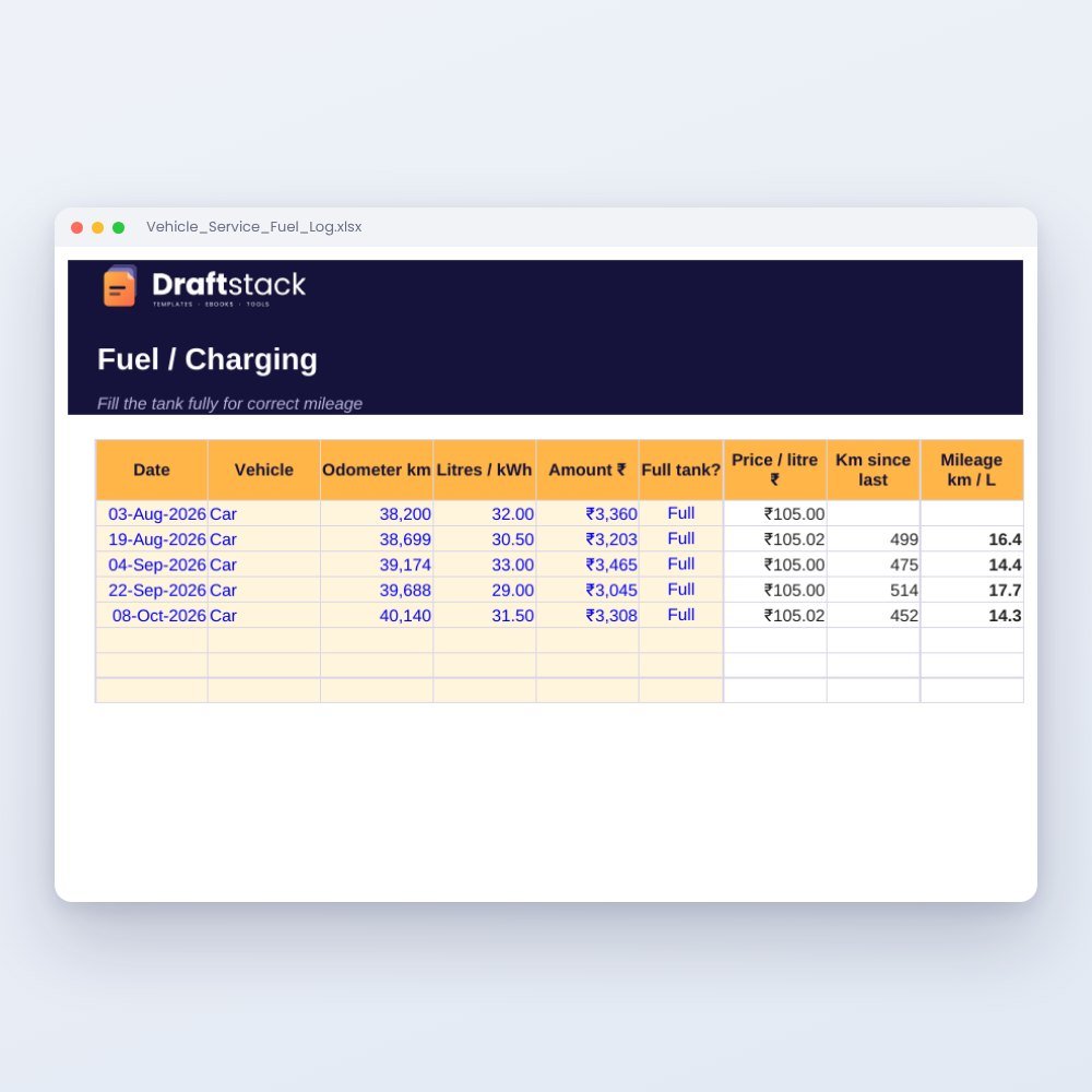 Vehicle Service, Insurance & Fuel Log (Excel): Mileage, Reminders & Running Cost – Excel template preview